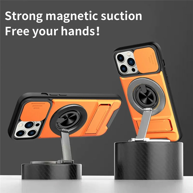 Großhandelskauf für iPhone 13 Pro Max kompatibel mit MagSafe Case Ringhalter Klappständer TPU PC Handyhülle mit Kameraobjektivschieber - Orange