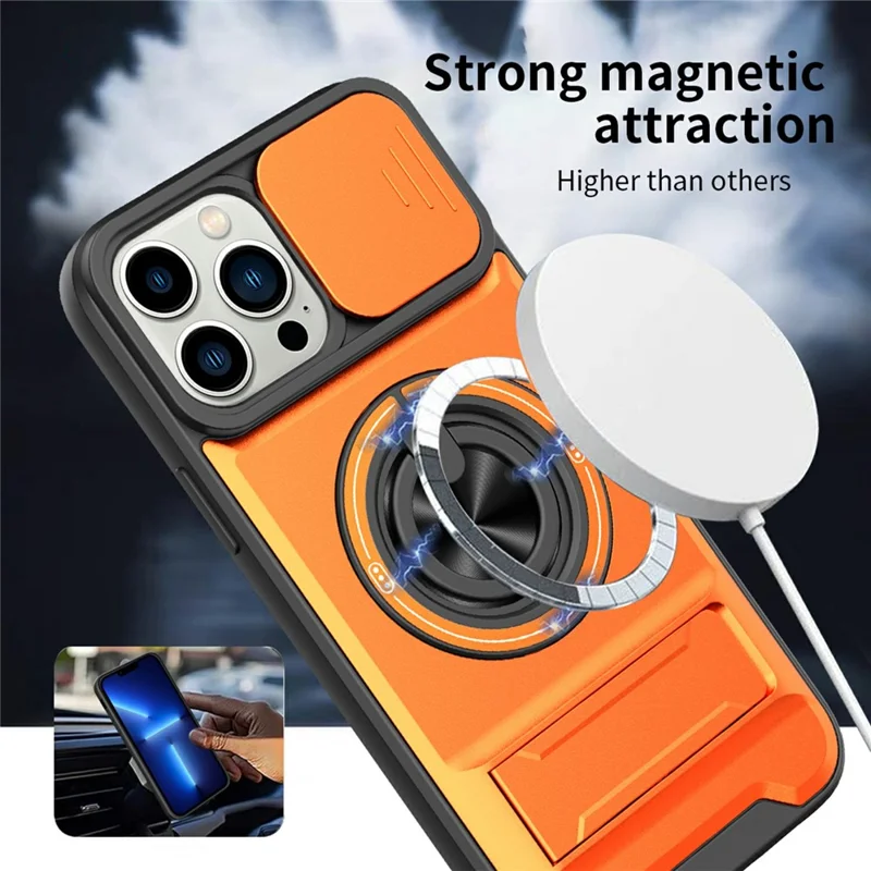 Großhandelskauf für iPhone 13 Pro Max kompatibel mit MagSafe Case Ringhalter Klappständer TPU PC Handyhülle mit Kameraobjektivschieber - Orange