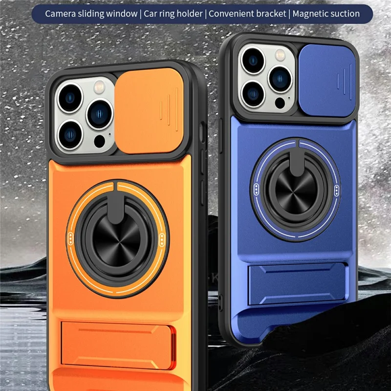 Großhandelskauf für iPhone 13 Pro Max kompatibel mit MagSafe Case Ringhalter Klappständer TPU PC Handyhülle mit Kameraobjektivschieber - Orange