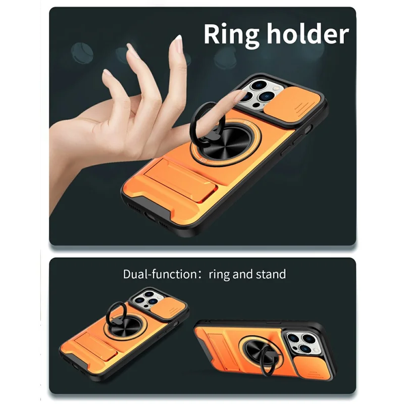 Großhandelskauf für iPhone 13 Pro Max kompatibel mit MagSafe Case Ringhalter Klappständer TPU PC Handyhülle mit Kameraobjektivschieber - Orange