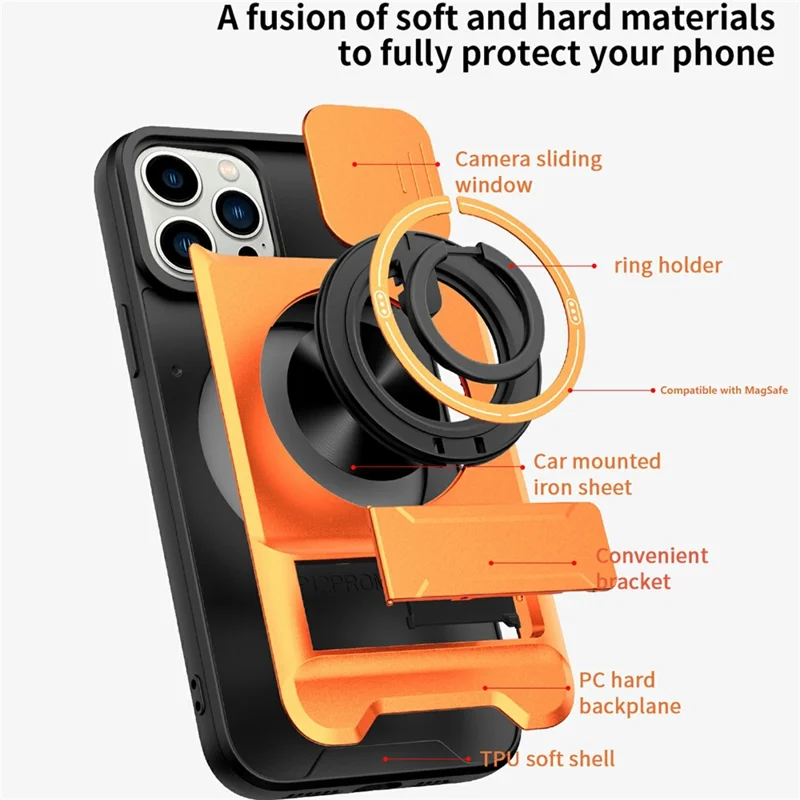 Großhandelskauf für iPhone 13 Pro Max kompatibel mit MagSafe Case Ringhalter Klappständer TPU PC Handyhülle mit Kameraobjektivschieber - Orange