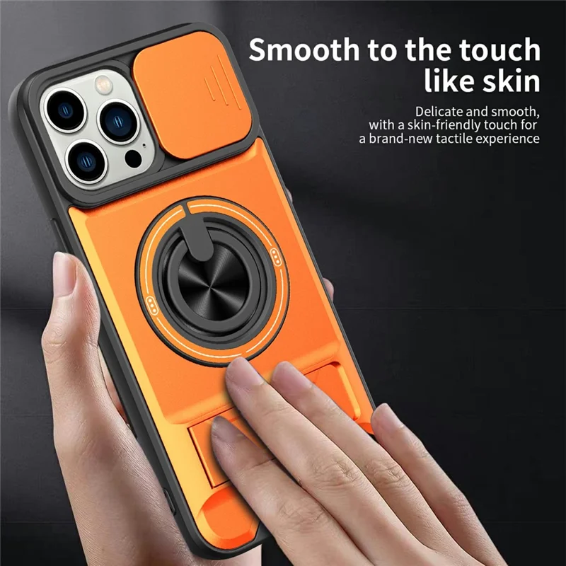 Großhandelskauf für iPhone 13 Pro Max kompatibel mit MagSafe Case Ringhalter Klappständer TPU PC Handyhülle mit Kameraobjektivschieber - Orange