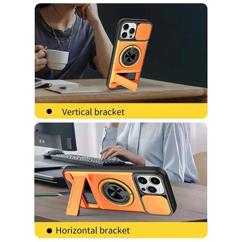 Bulk Purchasing For iPhone 13 Pro Compatible with MagSafe Case Ring Holder Foldable Kickstand TPU PC Phone Cover with Camera Lens Slider - Orange