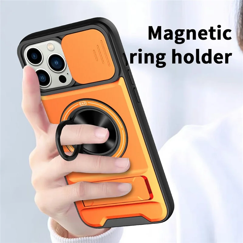 Bulk Purchasing For iPhone 13 Pro Compatible with MagSafe Case Ring Holder Foldable Kickstand TPU PC Phone Cover with Camera Lens Slider - Orange