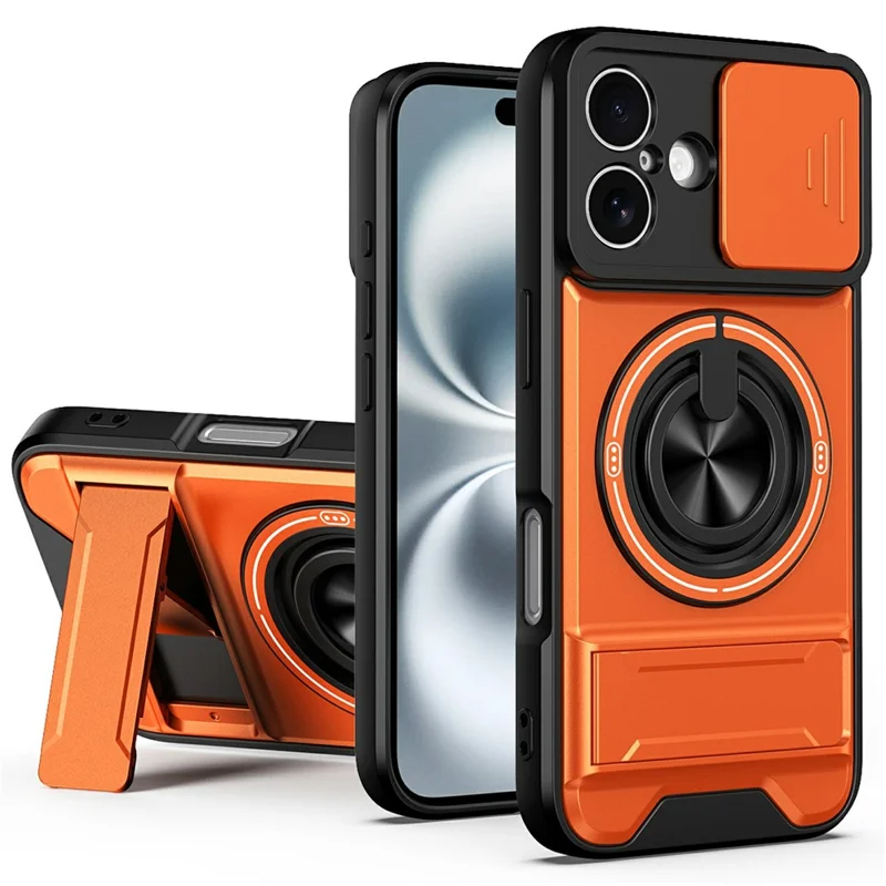 Bulk Purchasing For iPhone 16 Compatible with MagSafe Case Ring Holder Foldable Kickstand TPU PC Phone Cover with Camera Lens Slider - Orange