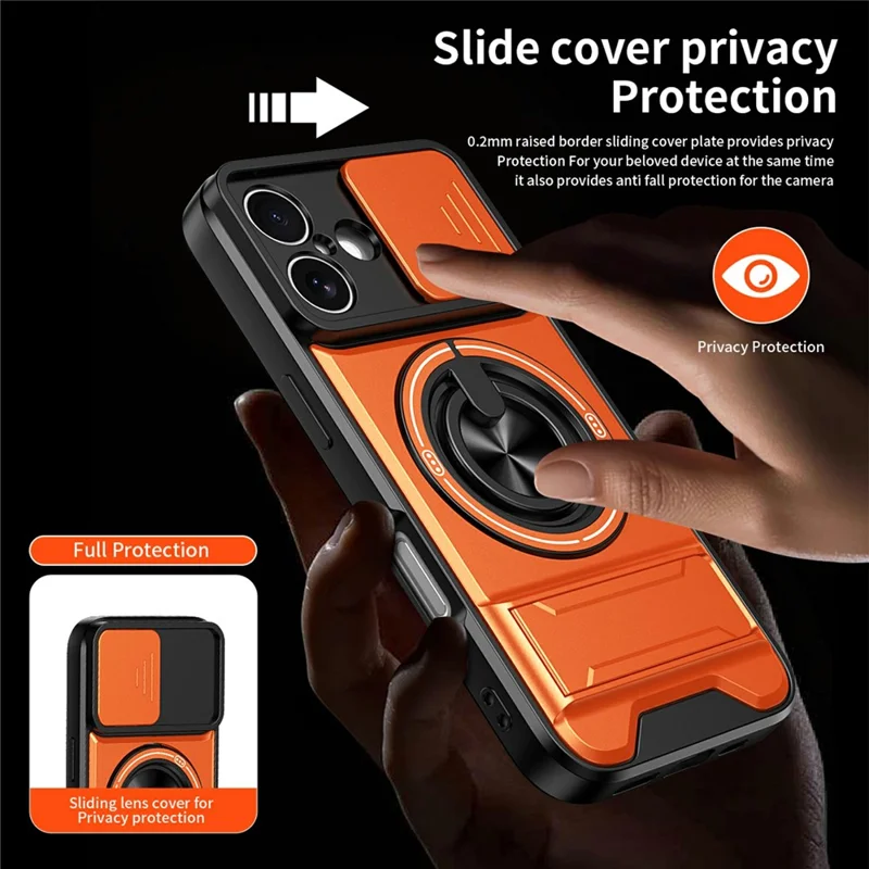 Bulk Purchasing For iPhone 16 Compatible with MagSafe Case Ring Holder Foldable Kickstand TPU PC Phone Cover with Camera Lens Slider - Orange