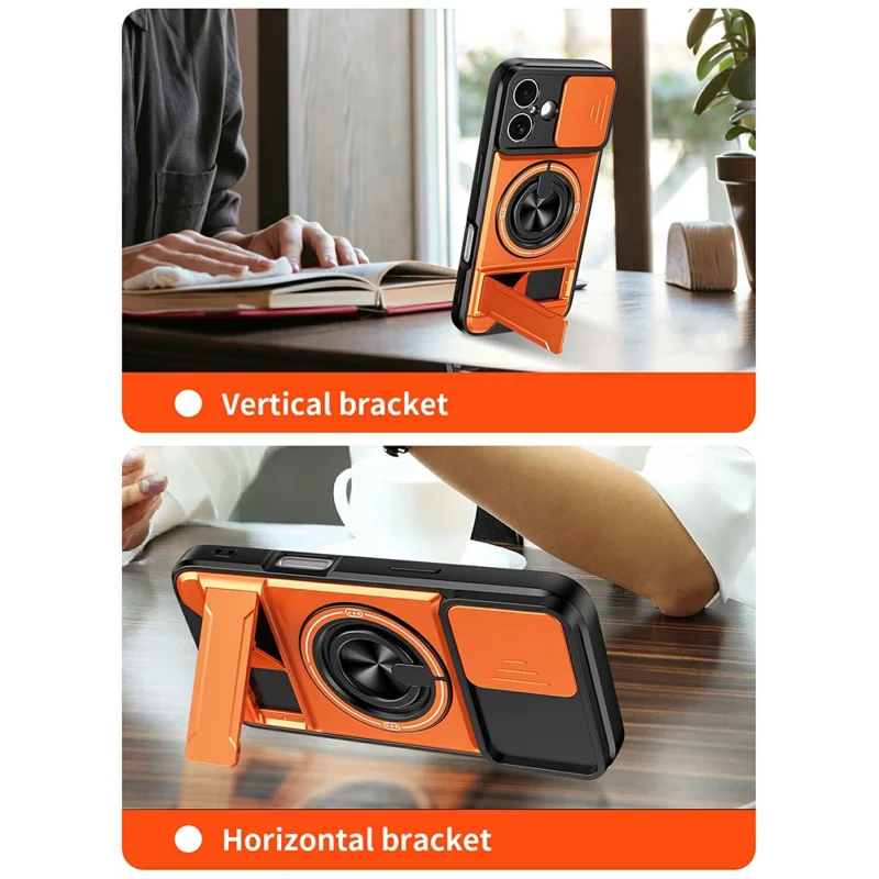 Bulk Purchasing For iPhone 16 Compatible with MagSafe Case Ring Holder Foldable Kickstand TPU PC Phone Cover with Camera Lens Slider - Orange