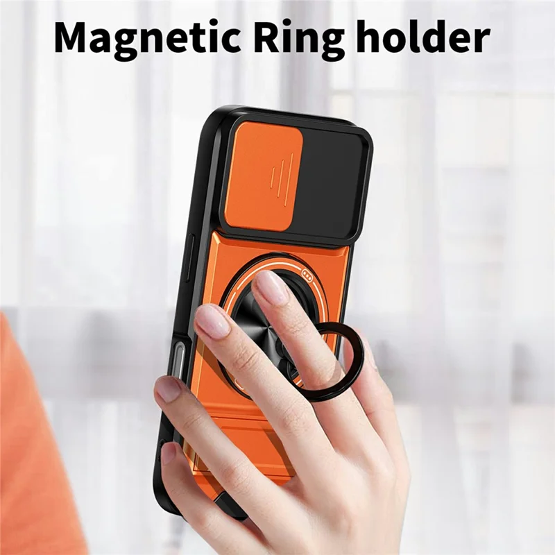 Bulk Purchasing For iPhone 16 Compatible with MagSafe Case Ring Holder Foldable Kickstand TPU PC Phone Cover with Camera Lens Slider - Orange