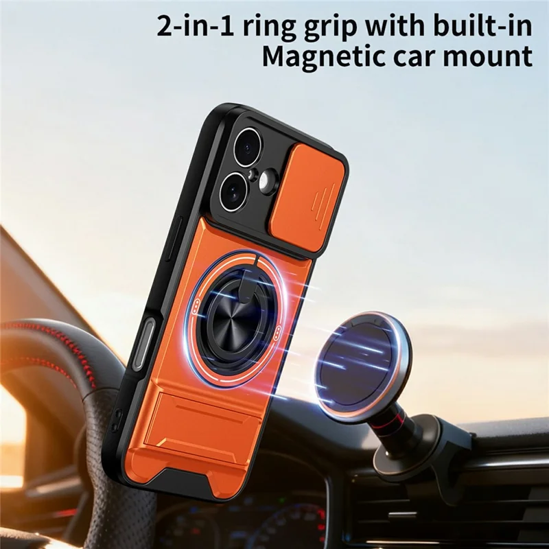 Bulk Purchasing For iPhone 16 Compatible with MagSafe Case Ring Holder Foldable Kickstand TPU PC Phone Cover with Camera Lens Slider - Orange