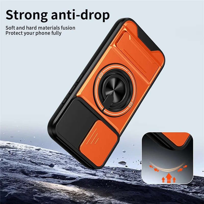 Bulk Purchasing For iPhone 16 Compatible with MagSafe Case Ring Holder Foldable Kickstand TPU PC Phone Cover with Camera Lens Slider - Orange