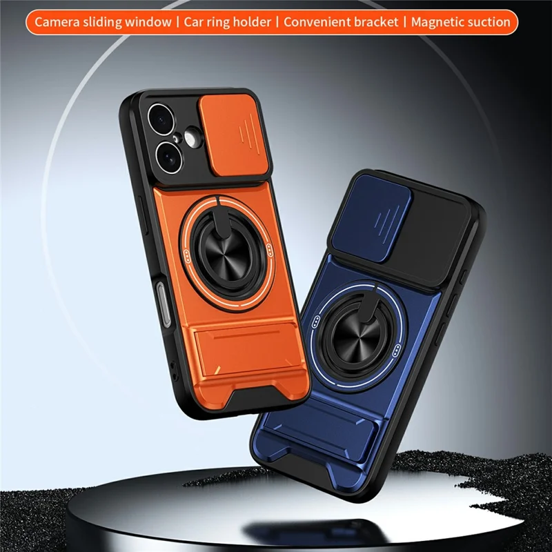 Bulk Purchasing For iPhone 16 Compatible with MagSafe Case Ring Holder Foldable Kickstand TPU PC Phone Cover with Camera Lens Slider - Orange