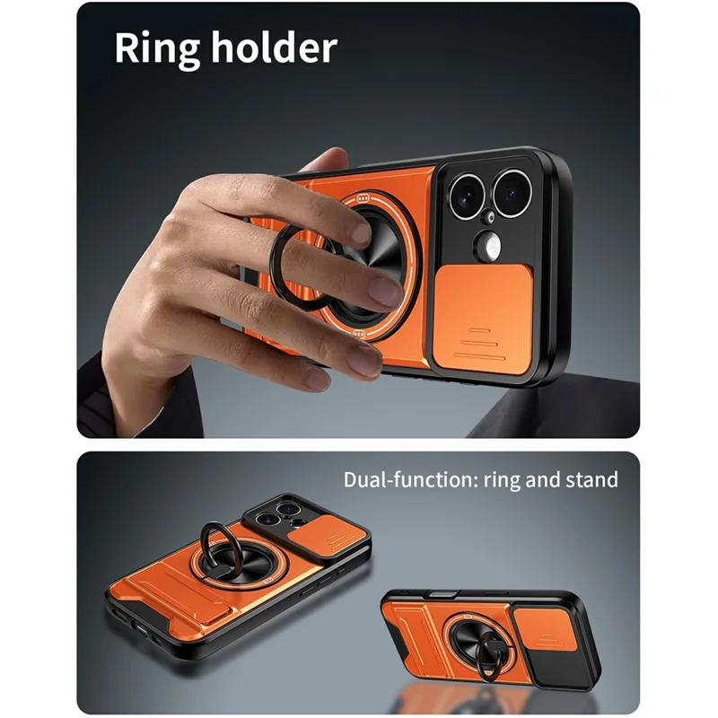 Bulk Purchasing For iPhone 16 Compatible with MagSafe Case Ring Holder Foldable Kickstand TPU PC Phone Cover with Camera Lens Slider - Orange