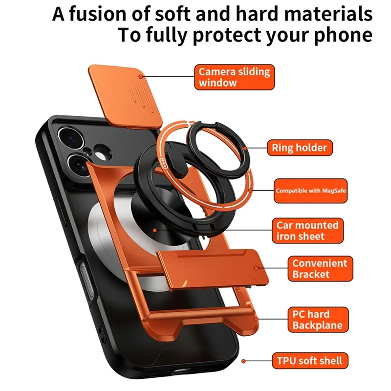 Bulk Purchasing For iPhone 16 Compatible with MagSafe Case Ring Holder Foldable Kickstand TPU PC Phone Cover with Camera Lens Slider - Orange