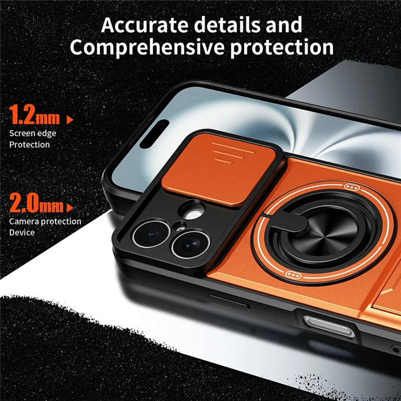 Bulk Purchasing For iPhone 16 Compatible with MagSafe Case Ring Holder Foldable Kickstand TPU PC Phone Cover with Camera Lens Slider - Orange