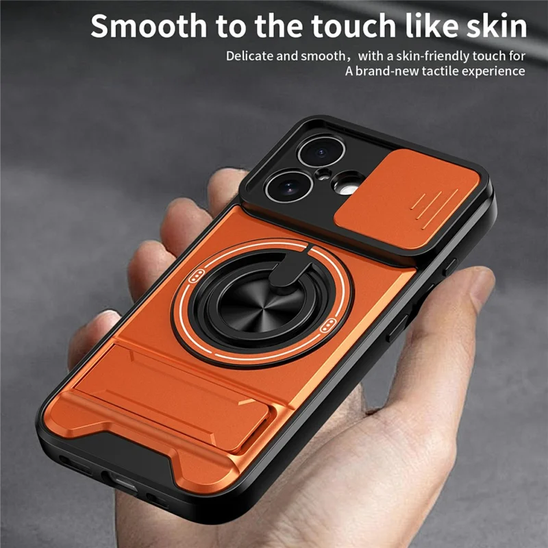 Bulk Purchasing For iPhone 16 Compatible with MagSafe Case Ring Holder Foldable Kickstand TPU PC Phone Cover with Camera Lens Slider - Orange