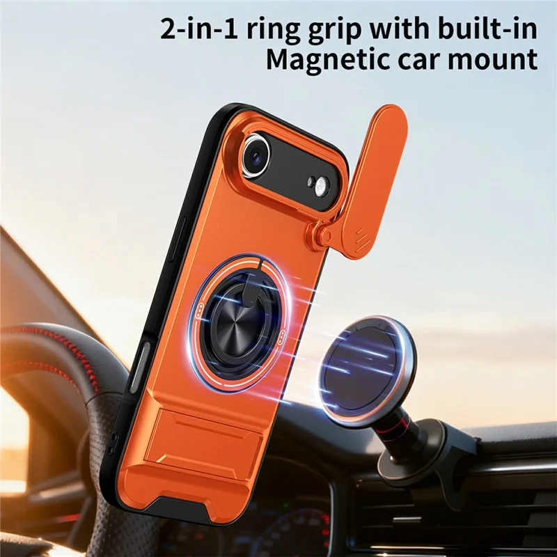 Bulk Purchasing For iPhone Air Compatible with MagSafe Case Ring Holder Foldable Kickstand TPU PC Phone Cover with Camera Lens Slider - Orange