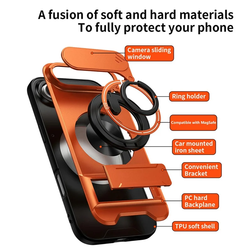 Bulk Purchasing For iPhone Air Compatible with MagSafe Case Ring Holder Foldable Kickstand TPU PC Phone Cover with Camera Lens Slider - Orange
