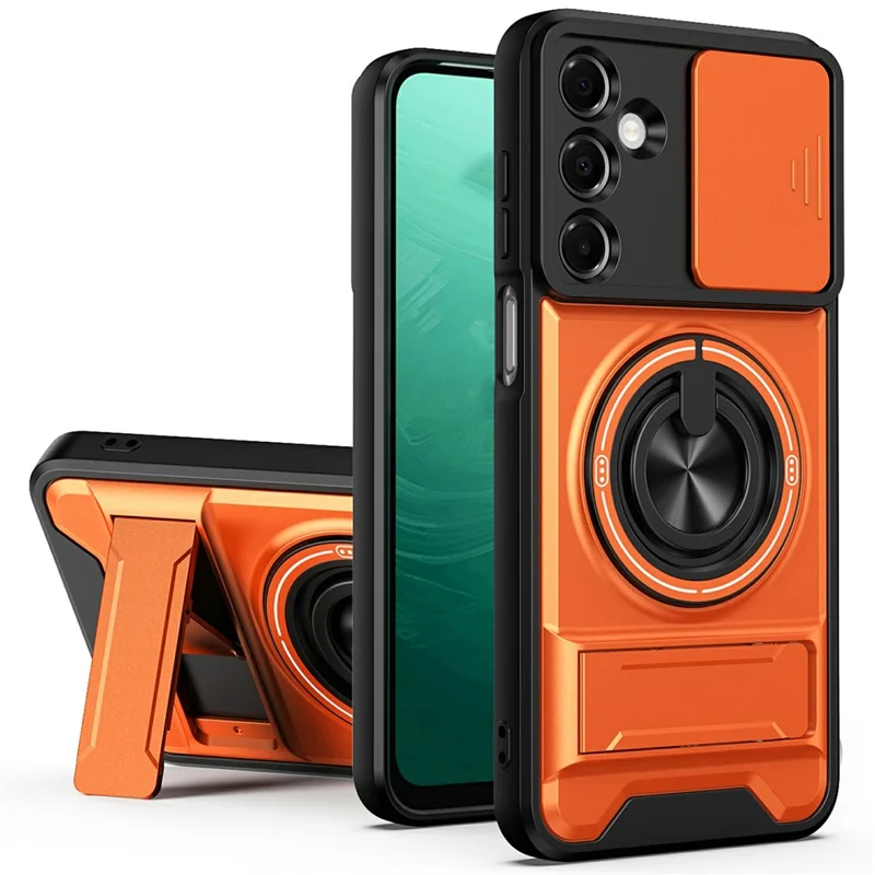 Bulk Purchasing For Samsung Galaxy A17 4G  /  A17 5G Magnetic Case Ring Holder Foldable Kickstand TPU PC Phone Cover with Camera Lens Slider - Orange