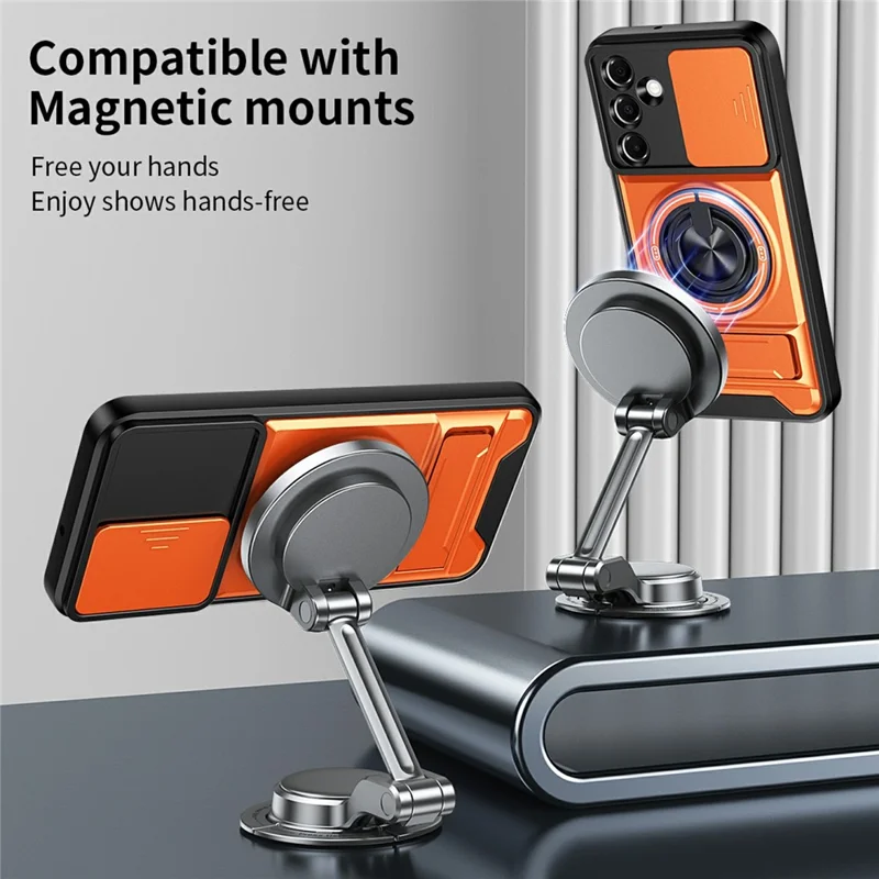 Bulk Purchasing For Samsung Galaxy A17 4G  /  A17 5G Magnetic Case Ring Holder Foldable Kickstand TPU PC Phone Cover with Camera Lens Slider - Orange