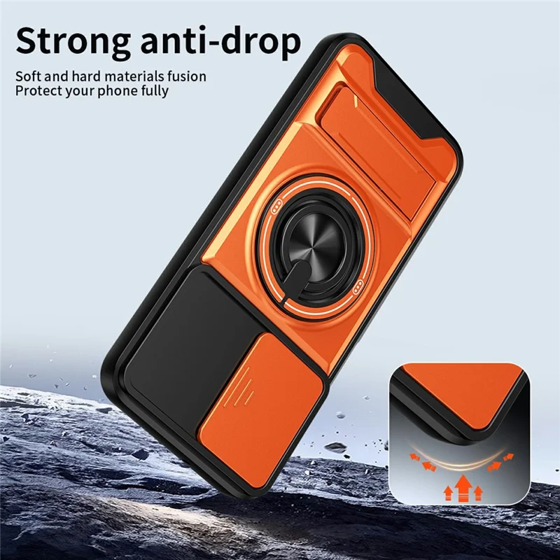 Bulk Purchasing For Samsung Galaxy A17 4G  /  A17 5G Magnetic Case Ring Holder Foldable Kickstand TPU PC Phone Cover with Camera Lens Slider - Orange
