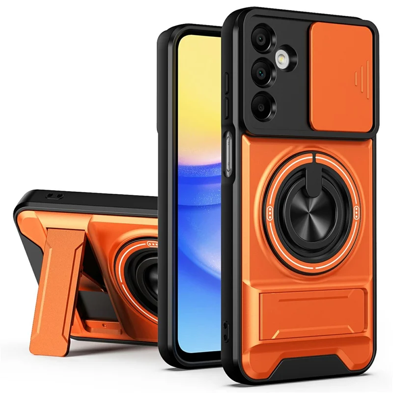 Bulk Purchasing For Samsung Galaxy A15 4G / A15 5G Magnetic Case Ring Holder Foldable Kickstand TPU PC Phone Cover with Camera Lens Slider - Orange