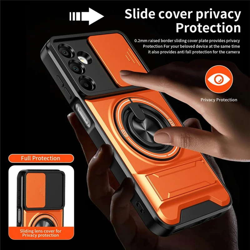 Bulk Purchasing For Samsung Galaxy A15 4G / A15 5G Magnetic Case Ring Holder Foldable Kickstand TPU PC Phone Cover with Camera Lens Slider - Orange