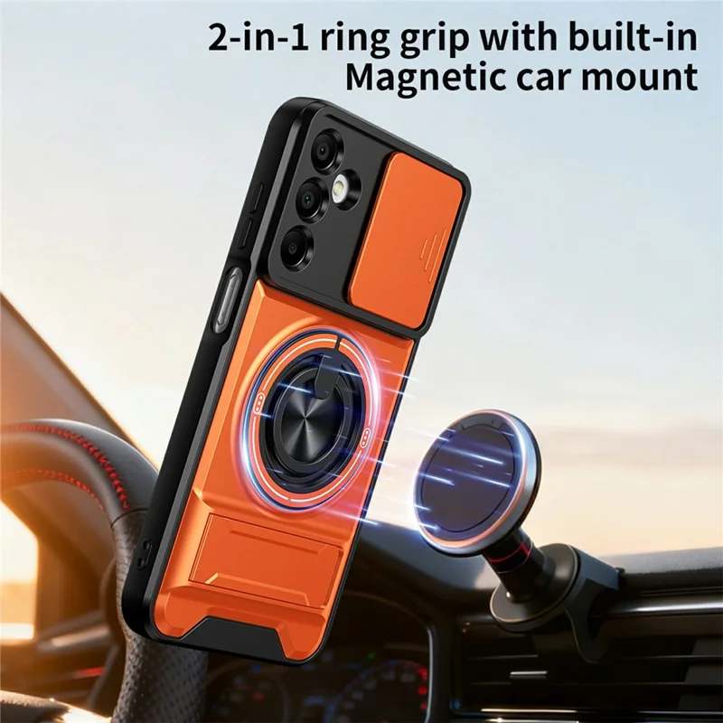 Bulk Purchasing For Samsung Galaxy A15 4G / A15 5G Magnetic Case Ring Holder Foldable Kickstand TPU PC Phone Cover with Camera Lens Slider - Orange