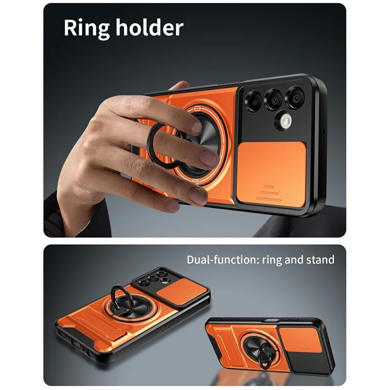 Bulk Purchasing For Samsung Galaxy A15 4G / A15 5G Magnetic Case Ring Holder Foldable Kickstand TPU PC Phone Cover with Camera Lens Slider - Orange