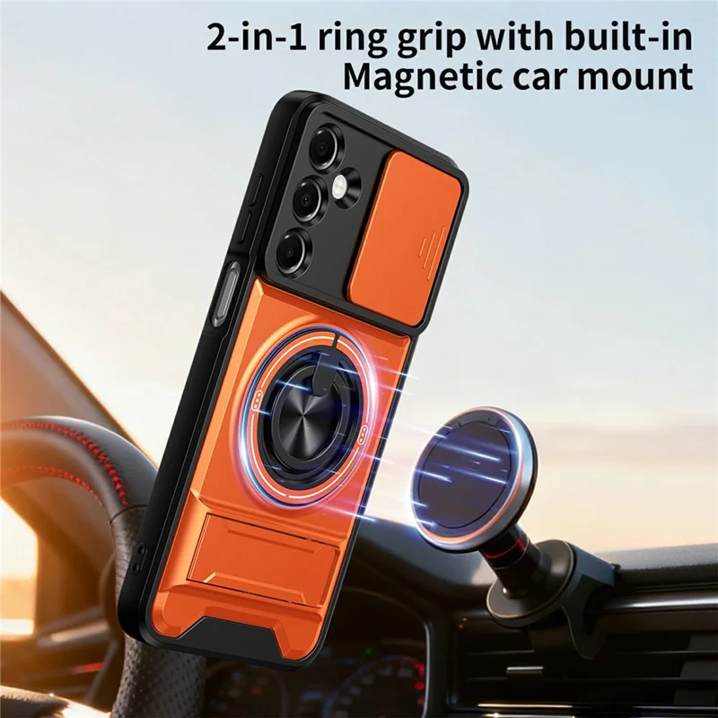 Bulk Purchasing For Samsung Galaxy A16 4G  /  A16 5G Magnetic Case Ring Holder Foldable Kickstand TPU PC Phone Cover with Camera Lens Slider - Orange