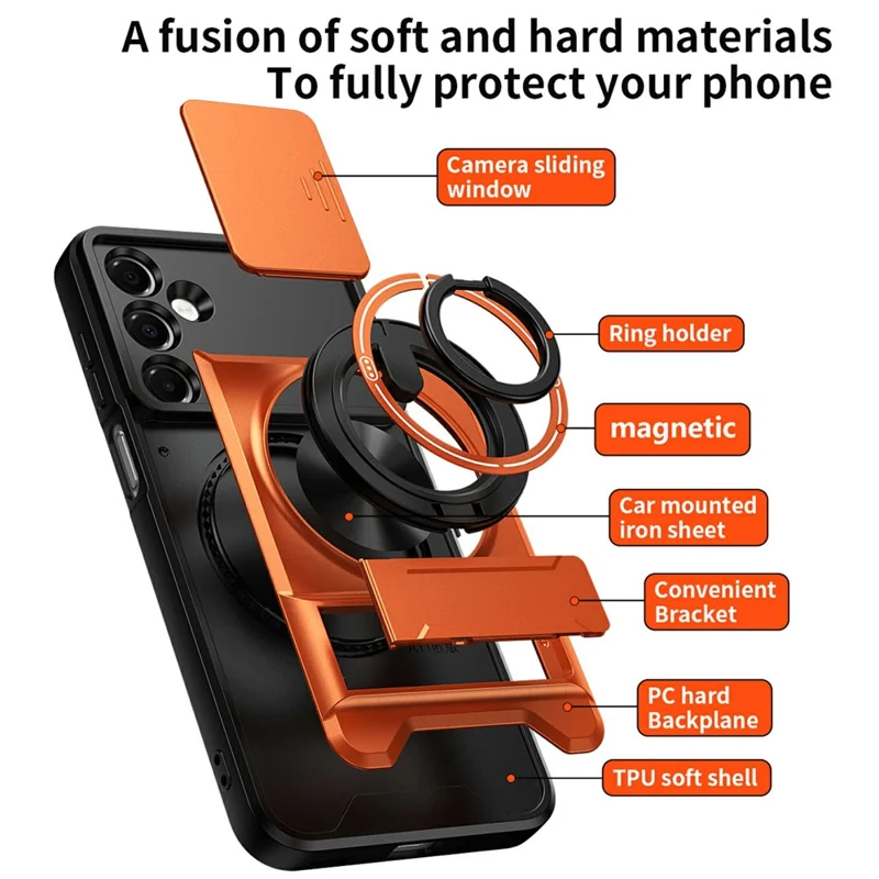 Bulk Purchasing For Samsung Galaxy A16 4G  /  A16 5G Magnetic Case Ring Holder Foldable Kickstand TPU PC Phone Cover with Camera Lens Slider - Orange