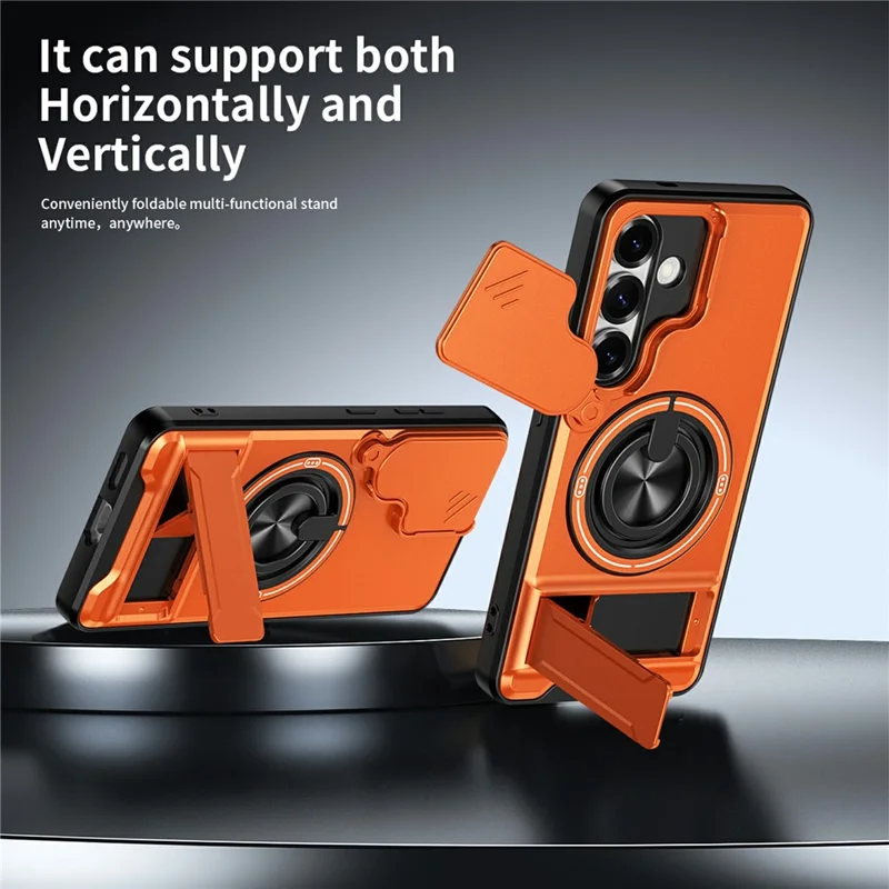 Bulk Purchasing For Samsung Galaxy S25 Magnetic Case Ring Holder Foldable Kickstand TPU PC Phone Cover with Camera Lens Slider - Orange