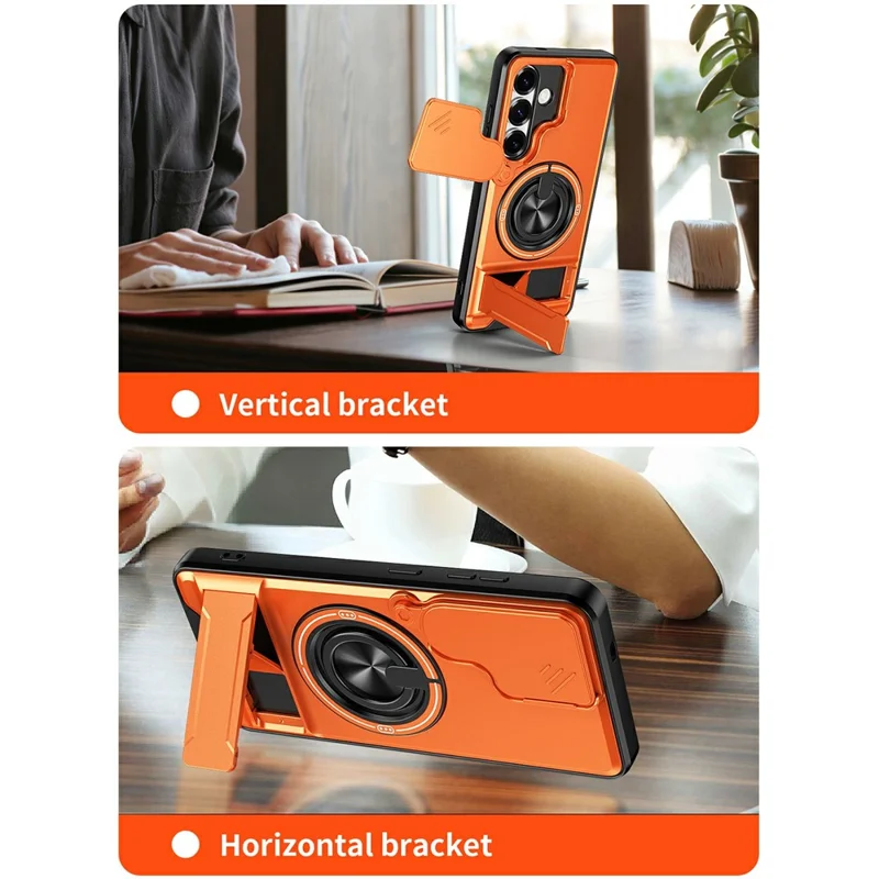 Bulk Purchasing For Samsung Galaxy S25 Magnetic Case Ring Holder Foldable Kickstand TPU PC Phone Cover with Camera Lens Slider - Orange