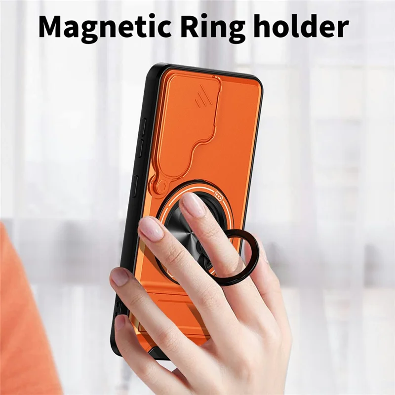 Bulk Purchasing For Samsung Galaxy S25 Magnetic Case Ring Holder Foldable Kickstand TPU PC Phone Cover with Camera Lens Slider - Orange