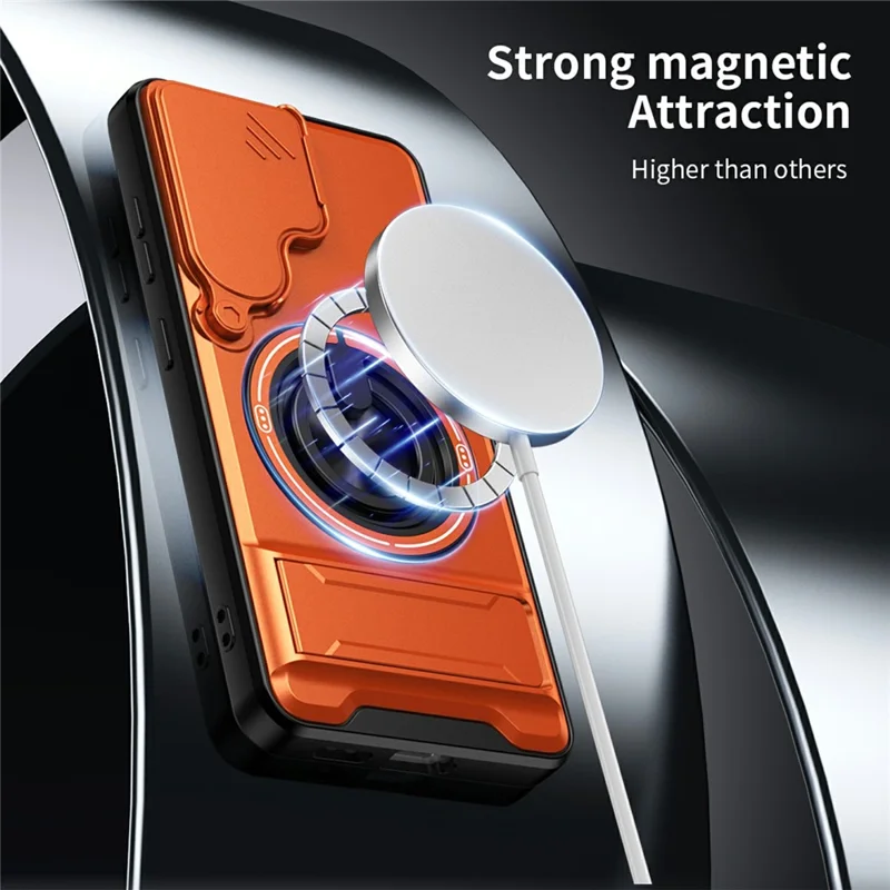 Bulk Purchasing For Samsung Galaxy S25 Magnetic Case Ring Holder Foldable Kickstand TPU PC Phone Cover with Camera Lens Slider - Orange