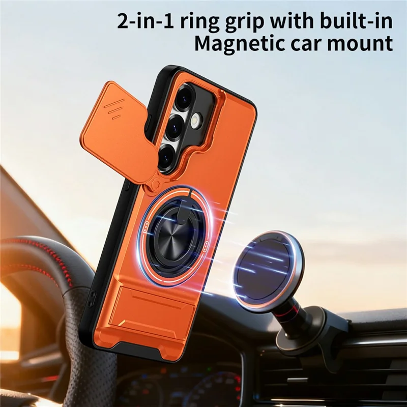 Bulk Purchasing For Samsung Galaxy S25 Magnetic Case Ring Holder Foldable Kickstand TPU PC Phone Cover with Camera Lens Slider - Orange