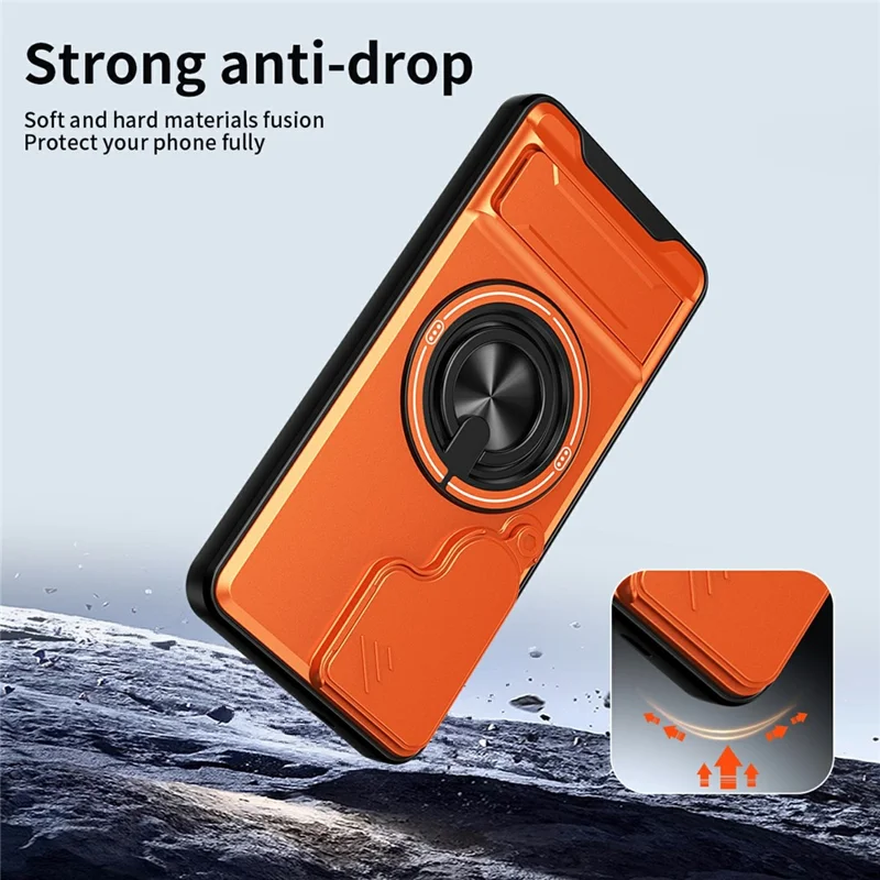 Bulk Purchasing For Samsung Galaxy S25 Magnetic Case Ring Holder Foldable Kickstand TPU PC Phone Cover with Camera Lens Slider - Orange