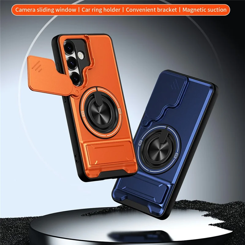 Bulk Purchasing For Samsung Galaxy S25 Magnetic Case Ring Holder Foldable Kickstand TPU PC Phone Cover with Camera Lens Slider - Orange