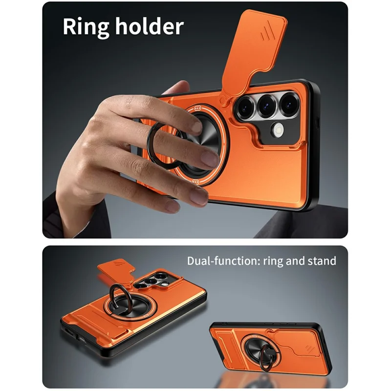 Bulk Purchasing For Samsung Galaxy S25 Magnetic Case Ring Holder Foldable Kickstand TPU PC Phone Cover with Camera Lens Slider - Orange