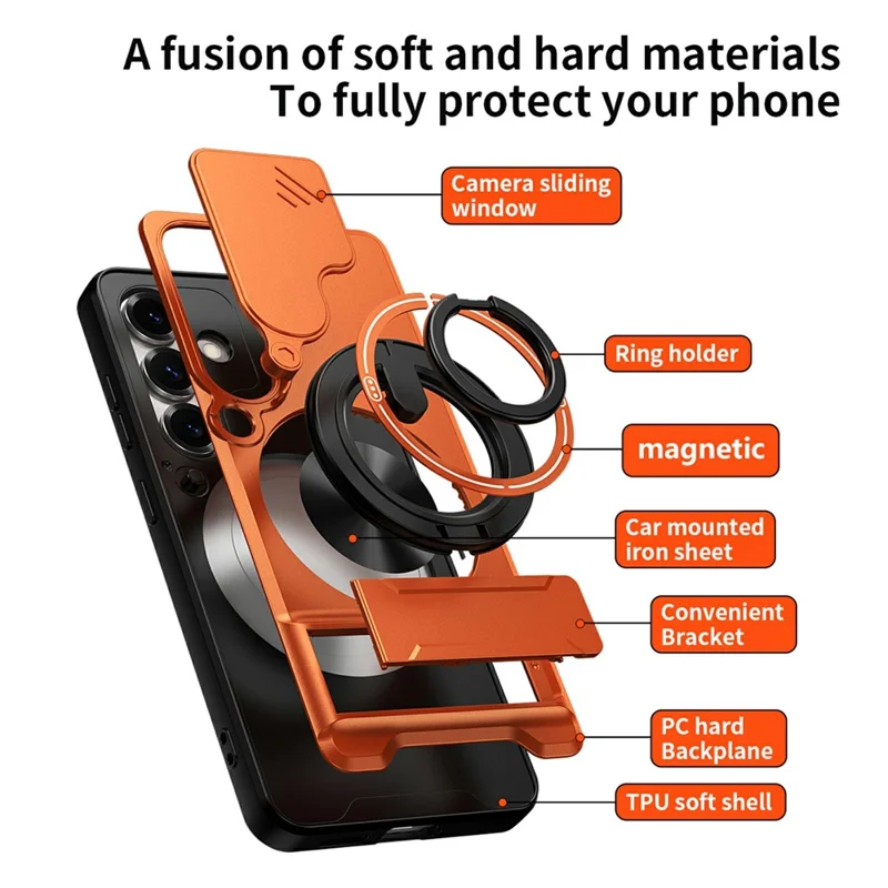 Bulk Purchasing For Samsung Galaxy S25 Magnetic Case Ring Holder Foldable Kickstand TPU PC Phone Cover with Camera Lens Slider - Orange