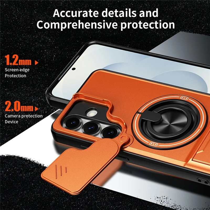 Bulk Purchasing For Samsung Galaxy S25 Magnetic Case Ring Holder Foldable Kickstand TPU PC Phone Cover with Camera Lens Slider - Orange