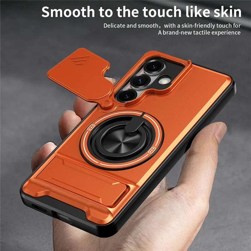 Bulk Purchasing For Samsung Galaxy S25 Magnetic Case Ring Holder Foldable Kickstand TPU PC Phone Cover with Camera Lens Slider - Orange