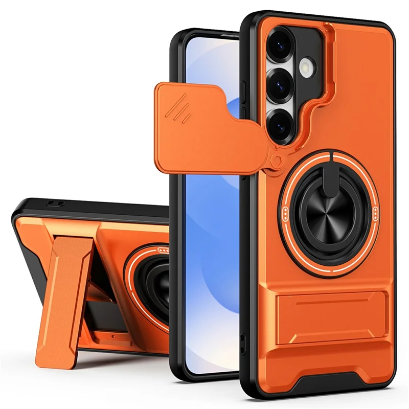 Bulk Purchasing For Samsung Galaxy S25+ Magnetic Case Ring Holder Foldable Kickstand TPU PC Phone Cover with Camera Lens Slider - Orange