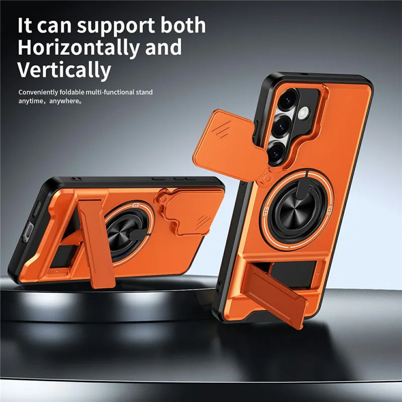 Bulk Purchasing For Samsung Galaxy S25+ Magnetic Case Ring Holder Foldable Kickstand TPU PC Phone Cover with Camera Lens Slider - Orange