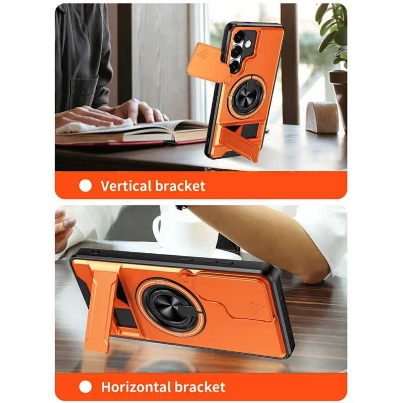 Bulk Purchasing For Samsung Galaxy S25+ Magnetic Case Ring Holder Foldable Kickstand TPU PC Phone Cover with Camera Lens Slider - Orange