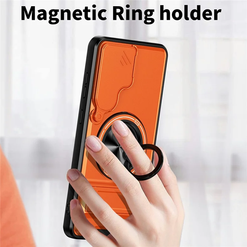 Bulk Purchasing For Samsung Galaxy S25+ Magnetic Case Ring Holder Foldable Kickstand TPU PC Phone Cover with Camera Lens Slider - Orange