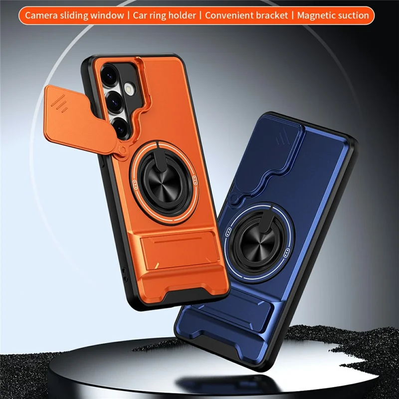 Bulk Purchasing For Samsung Galaxy S25+ Magnetic Case Ring Holder Foldable Kickstand TPU PC Phone Cover with Camera Lens Slider - Orange