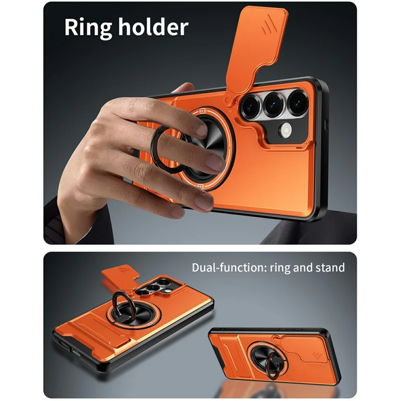Bulk Purchasing For Samsung Galaxy S25+ Magnetic Case Ring Holder Foldable Kickstand TPU PC Phone Cover with Camera Lens Slider - Orange
