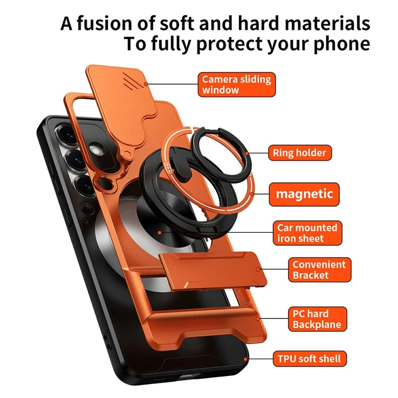 Bulk Purchasing For Samsung Galaxy S25+ Magnetic Case Ring Holder Foldable Kickstand TPU PC Phone Cover with Camera Lens Slider - Orange
