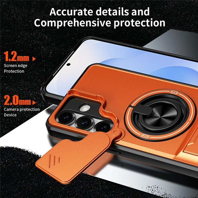Bulk Purchasing For Samsung Galaxy S25+ Magnetic Case Ring Holder Foldable Kickstand TPU PC Phone Cover with Camera Lens Slider - Orange