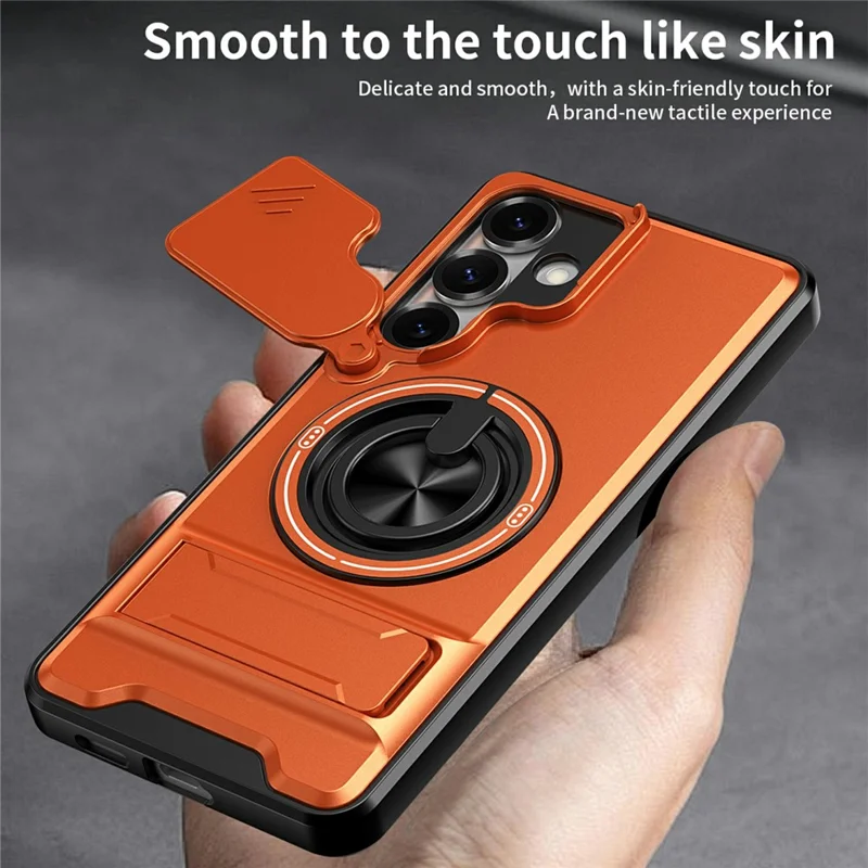 Bulk Purchasing For Samsung Galaxy S25+ Magnetic Case Ring Holder Foldable Kickstand TPU PC Phone Cover with Camera Lens Slider - Orange